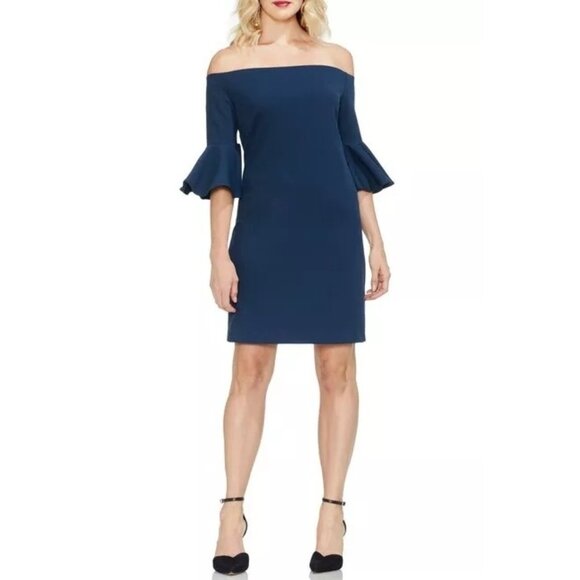 Sz XS NWT Vince Camuto Off-Shoulder Mini Navy Dress XS stretch bell sleeve $119 - Picture 1 of 9